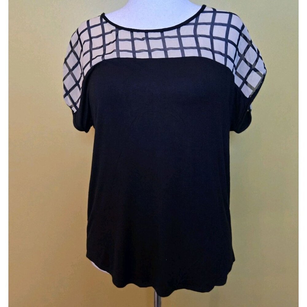 VTG Carol Rose Black Tan Semi-Sheer‎ Chiffon Checkerboard Blouse Top Large Rayon